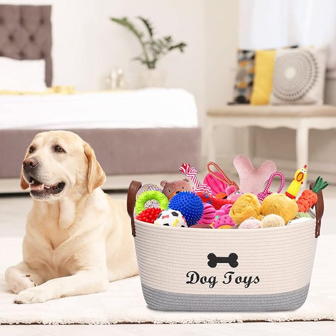 Geyecete X-Large Cotton Rope Dog Basket with Leather handle Blanket Storage Basket Decorative Clothes Hamper Basket | Extra Large Baskets for Blankets or Laundry-Beige/Gray