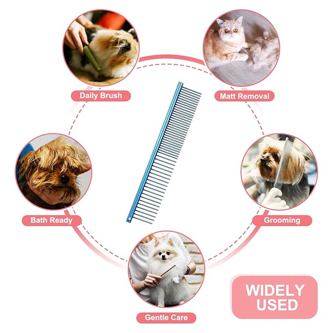 PETAXCELL Dog Cat Comb, Pet Combs Stainless Steel Teeth with Rounded Ends for Knots Mats Loose Hair Removal, 6.5IN (Blue Plated, 3 Pack), Grooming Tool Intended for Long Curly Hair Pet