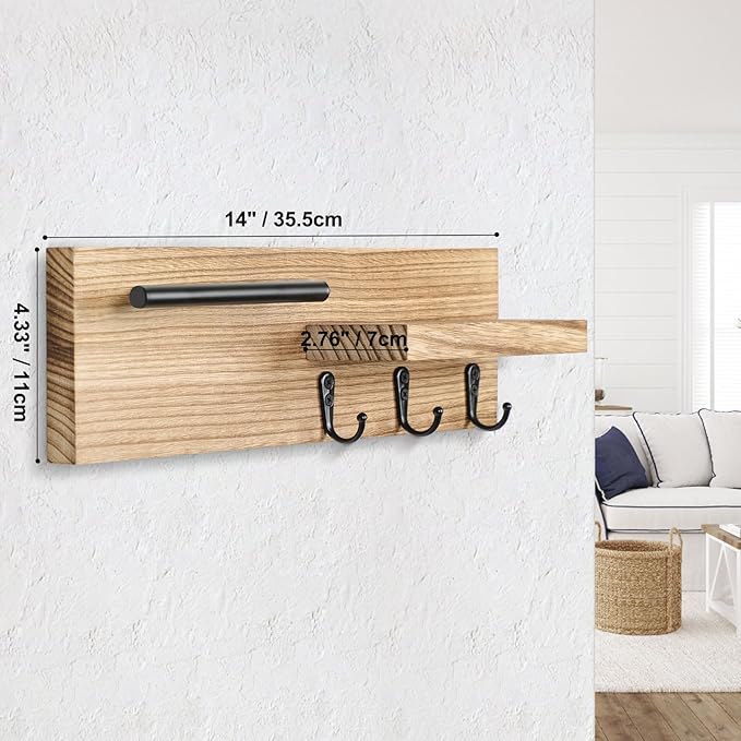 Lucundm Key Holder for Wall, Decorative Entryway Shelf with Hooks Holds Keys, Dog Leash, Sunglasses – Key Hanger with 3 Hooks Organizes, Enhances Home Decor (15” x 4.5” x 2.6”) (Wood)