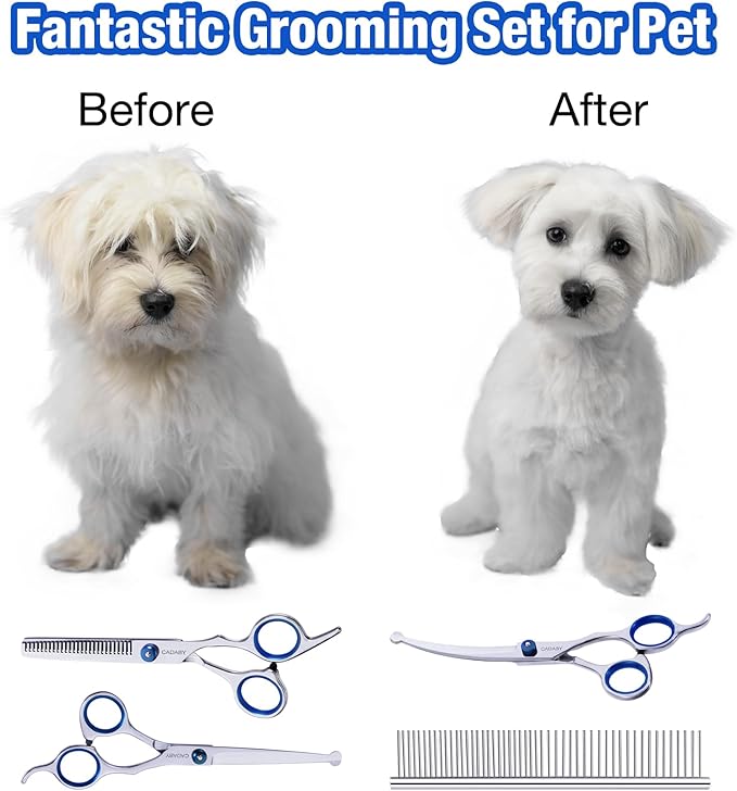 CADABY Dog Grooming Scissors with Safety Round Tips, 5 in 1 Dog Grooming Scissors Kit, 4CR Stainless Steel Professional Pet Grooming Shears for Cat, Sharp and Sturdy