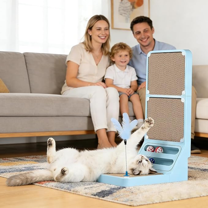 Cat Scratcher Cat Scratch Pad L Shape Wall Mounted Dual Use (Vert/Horiz) Kitten Bunifa Scratching Card Board Vertical Post with Ball Toys Feathers,Protecting Furniture Core is Replaceable Large Blue