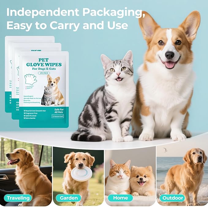 Pet Glove Wipes for Dogs and Cats - Dog Washing Gloves, Cat Bathing Wipes, Individually Wrapped, Moisture-Rich Thickened, Cleaning & Deodorizing, Hypoallergenic, Rinse Free for Grooming and Travel