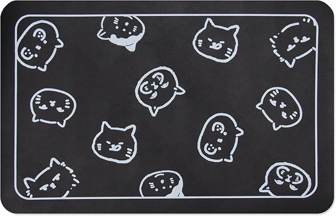 YCT Cat Food and Water Mat for Pets - Non Slip Super Absorbent Dog Bowl Mat, with Multiple Cat Heads Logo - 24 x 16.9 Inches, Black