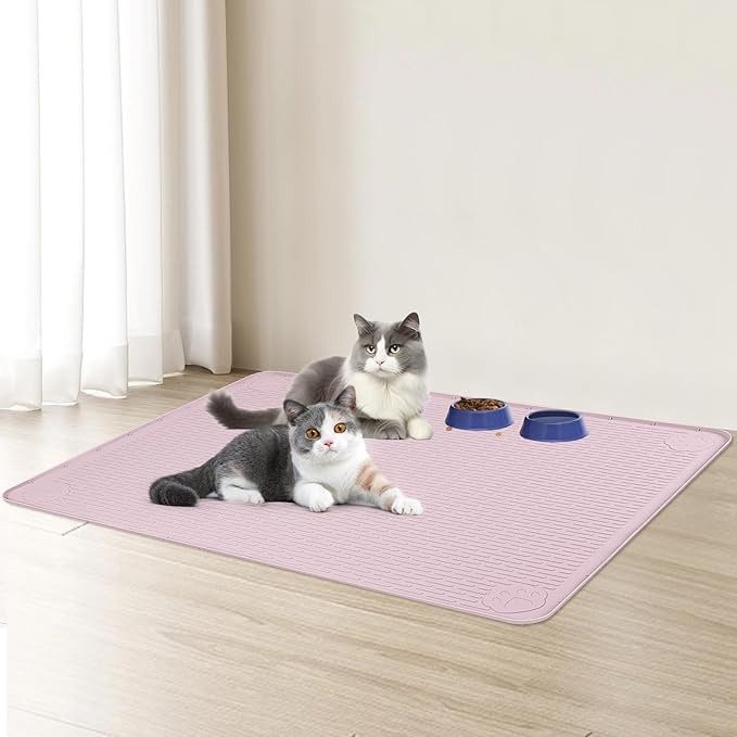 Bartuke Cat Food Mat, 34" x 22" Large Silicone Pet Feeding Mat for Food and Water Bowls Non-Slip, Easy to Clean (Pink)