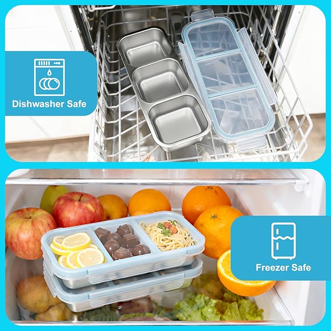 Snack Containers, Stainless Steel Snackle Box Leakproof 3-Compartment Metal Bento Box with Airtight Lids, Reusable Food Storage Container for Lunch, Travel, Picnics, and Office