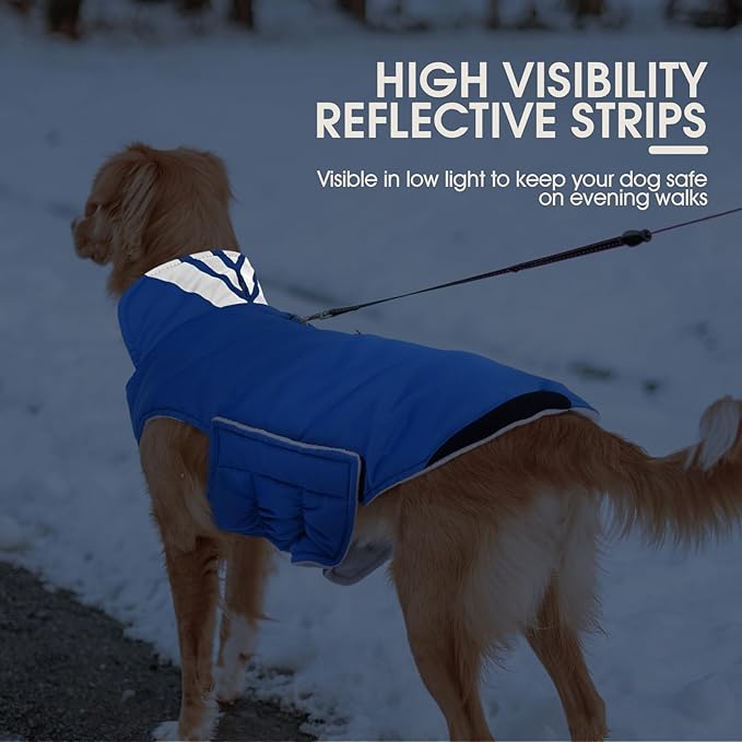 Kuoser Dog Winter Coat Cold Weather Reflective Waterproof Dogs Jacket, Warm Fleece Lined Turtleneck Doggy Vest with Zipper, Dog Snow Jacket Pet Apparel for Small Medium Large Dogs, Blue M