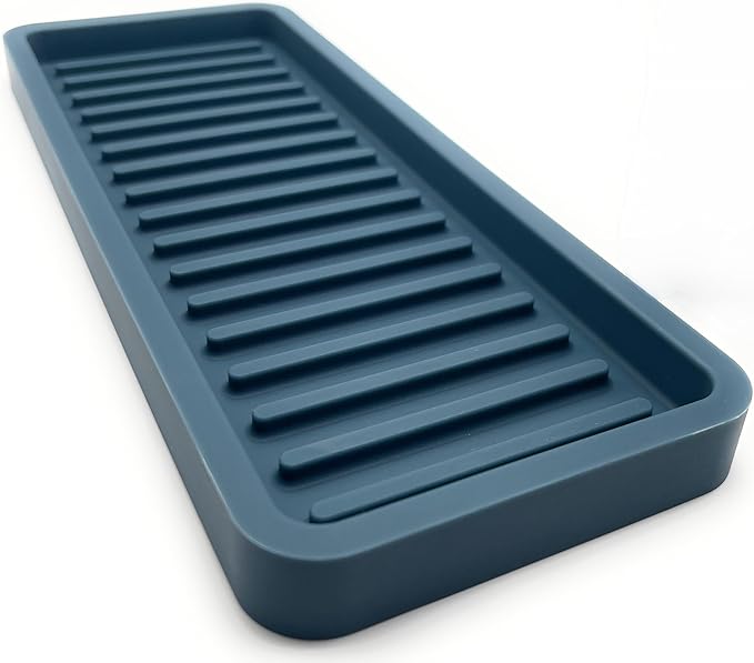Happitasa Silicone Kitchen Sink Organizer Tray, Sponge Holder and Countertop Protector | Bathroom and Kitchen Soap Dish and Dispenser Tray (Smoky Blue, 9"x3.5")
