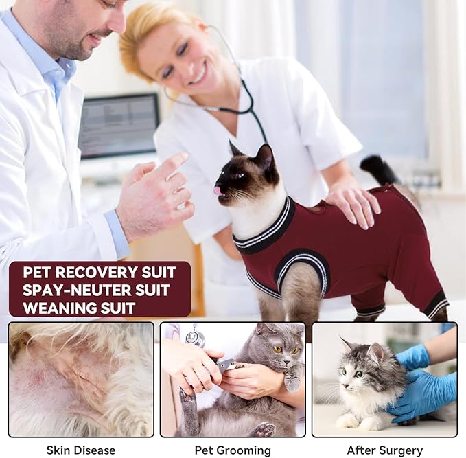 T'CHAQUE Cat Surgery Recovery Suit for Female Male, Cat Onesie Pet Surgical Pajamas Long Sleeve, Abdominal Wound Healing, E-Collar Alternative, Spay/Neuter Recovery Garment-Burgundy-S