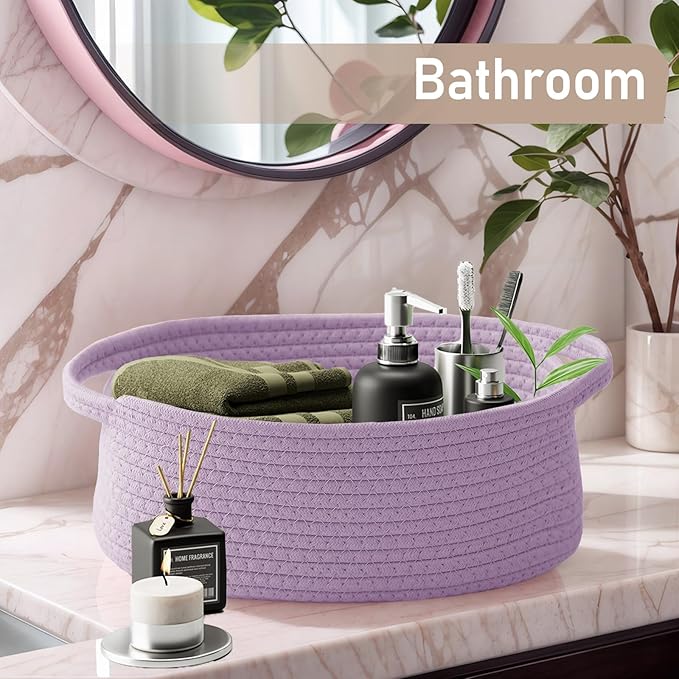 JMvicyroam Woven Basket,Small Rope Storage Bin with Handles & Ribbon Bag, Organizer for Shelves Closets,Gift Basket Empty for Birthday,Books,Dog Toys, Purple