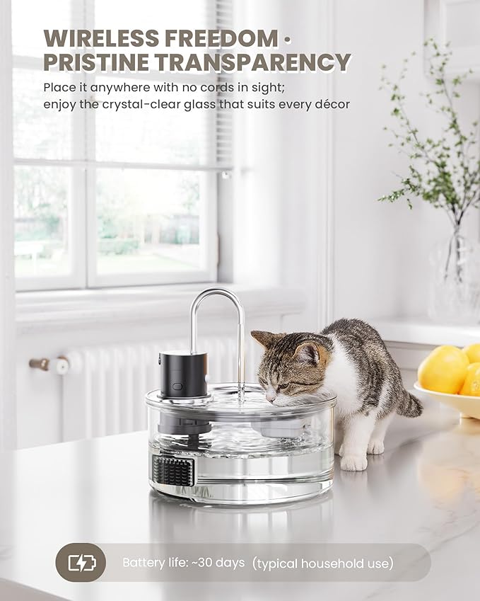 Wireless Cat Water Fountain Glass - 108oz/3.2L Automatic Ultra-Quiet Cat Water Fountain Cordless, Glass Battery Operated Pet Fountain Rechargeable Water Dispenser for Cats, Puppy, Multiple Pets