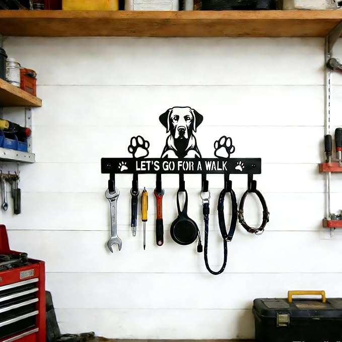 Labrador Key Holder Wall Mount, Dog Leash Holder with 7 Hooks, Metal Key Rack for Entryway Front Door, Black Wall Key Hanger, Labrador Decor Accessories Gift, Decorative Dog Storage Organizer
