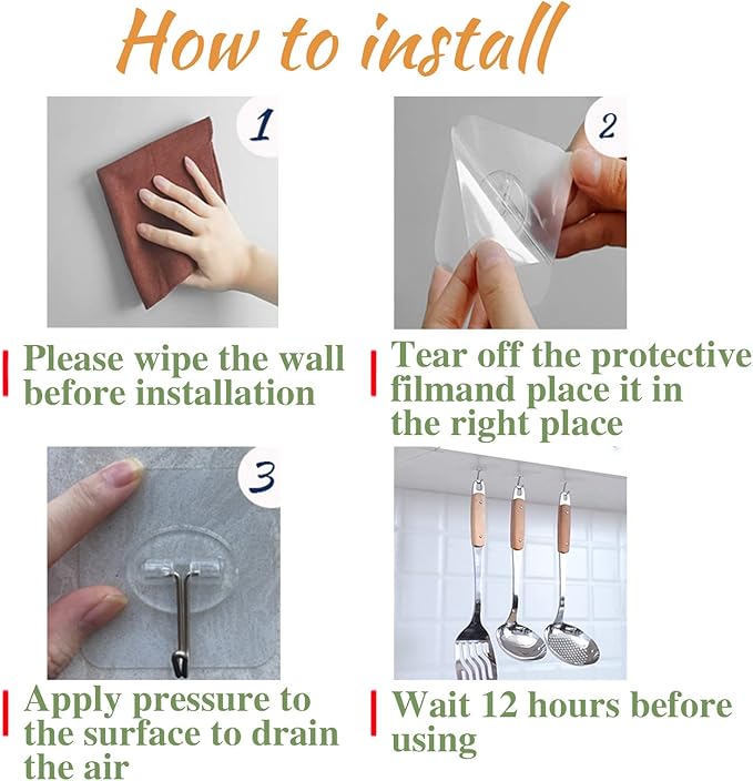 150 Pack Adhesive Hooks Wall Hooks 24lb(Max) Self Adhesive Hooks Heavy Duty,Transparent Reusable Adhesive Wall Hooks for Hanging for Kitchens, Bathroom, Office
