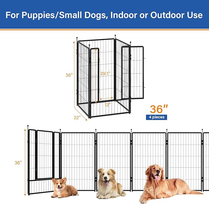 Dog Playpen 36 inch 4 Panels for Indoor & Outdoor Use – Heavy-Duty Metal Pet Fence with Ground Stakes, Rounded Ball Tops for Safety, Stable & Foldable Design, Easy to Assemble
