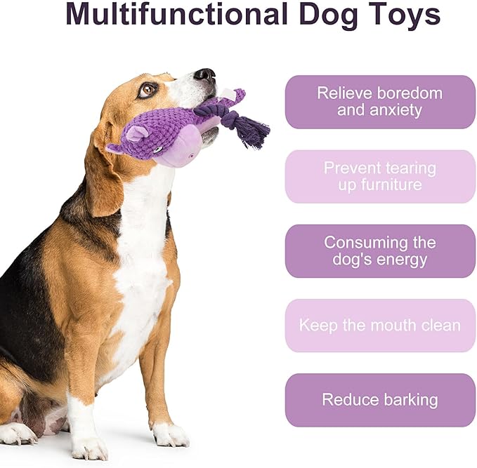 TONYFY Dog Toys, Dog Squeaker Toys with Crinkle Paper, Stuffed Animal Dog Plush Chewing Toy, Cotton Rope Interactive Toys for Puppy, Small, Middle Dogs (Purple Hippo)