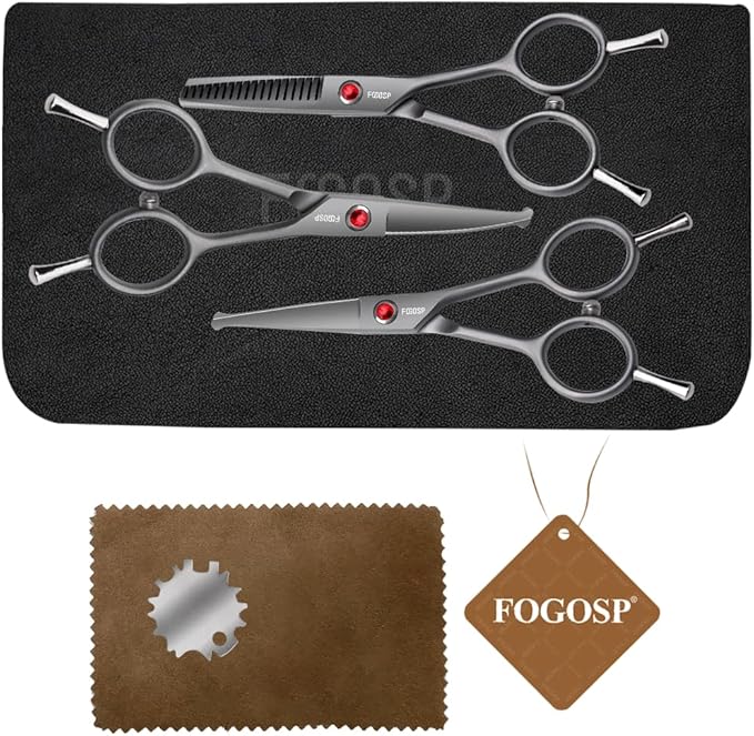 FOGOSP 4.5" Dog Grooming Scissors - 3 Pcs Curved & Straight Thinning Shears for Small Dogs & Cats - Japan 440C Stainless Steel