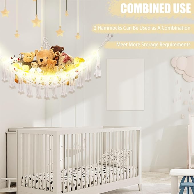 CERETIA Stuffed Animal Hammock with LED Light, Large Stuffed Animals Storage Corner Plushie Net for Kids Room Decor, Jumbo White