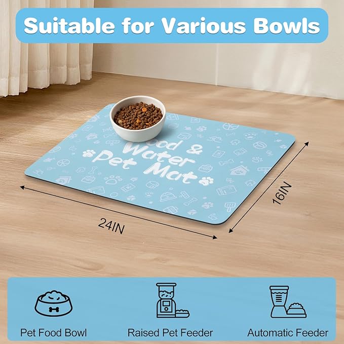 Pet Feeding Mat,Dog Cat Mat for Food and Water,Dog Bowl Waterproof Placemat with Rubber Backing,Absorbent Quick Dry Water Dispenser Mat for Pet(Blue 16"×24")