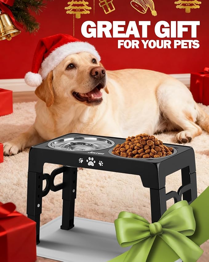Jovrun Elevated Dog Bowls, Dog Feeder with Stainless Steel Dishes & Slow Feeder Bowl, 5 Heights Adjustable Raised Stand for Medium Large, Food Dishes with Non-Slip Feet