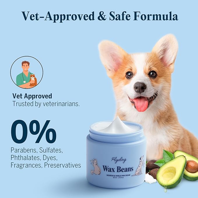 Flydog Lick-Safe Dog Paw & Nose Balm - All-Natural Wax Beans Fragrance-Free Dog Paw Cream with Avocado Oil, Not Greasy Pet Moisturizer & Soother for Dry, Cracked Snout & Pads(50ml)