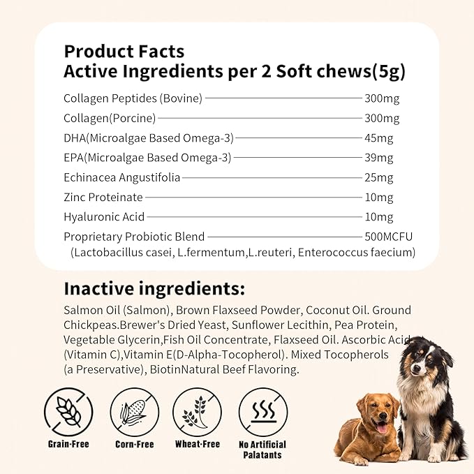 Collagen for Dogs - (90 Chews) - Beef|Flavor Itchy Skin & Allergies | Itch Relief for Dogs, Reduces Shedding & Supports Joint Health | with Probiotics, Omega 3 EPA DHA