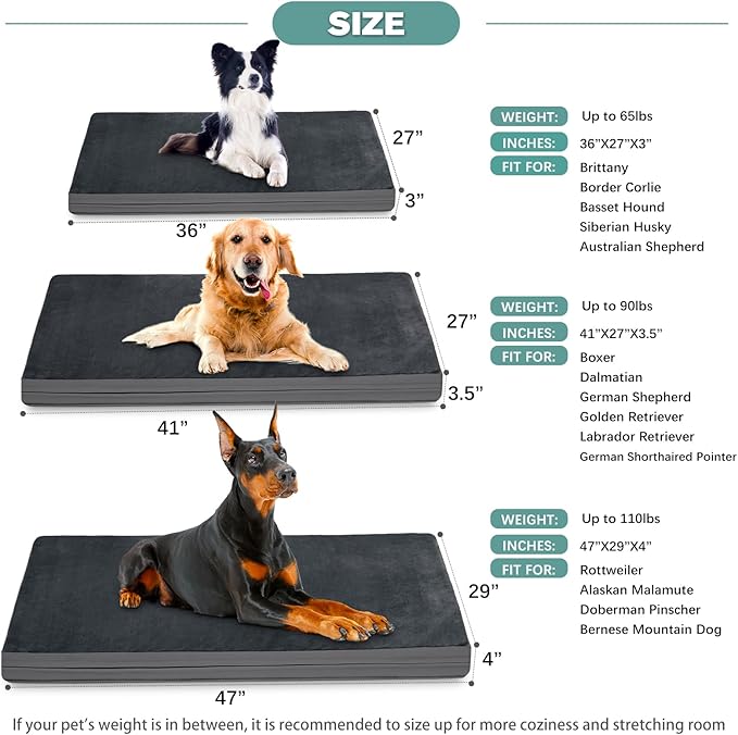 Waterproof XXL Dog Beds Large Sized Dogs, Outdoor Washable Crate Pad 48 inch, Jumbo XXLarge Orthopedic Foam Pet Bed with Removable Cover Reversible, Anti-Slip Kennel Pad, 47"x29", Dark Gray