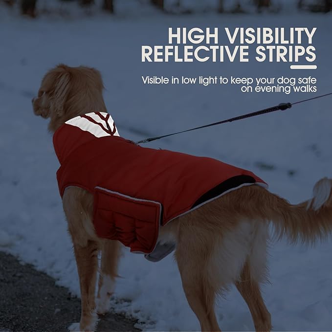 Kuoser Dog Winter Coat Cold Weather Reflective Waterproof Dogs Jacket, Warm Fleece Lined Turtleneck Doggy Vest with Zipper, Dog Snow Jacket Pet Apparel for Small Medium Large Dogs, Red XL