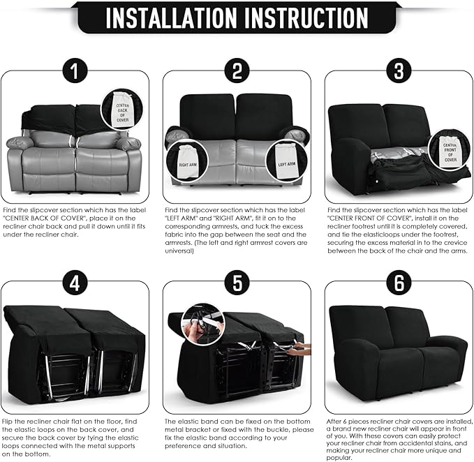 TAOCOCO Recliner Loveseat Slipcover, 6 Pieces Dual Recliner Sofa Covers for 2 Seat Dual Reclining Loveseat Couch, Stretch Soft Jacquard Pattern Furniture Protector with Elasticity (2XL, Black)