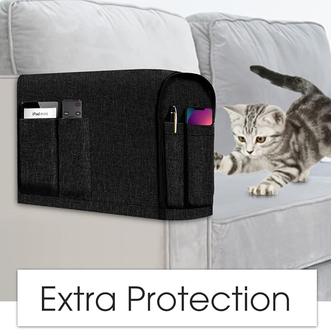 Joywell Linen Armrest Covers for Living Room Anti-Slip Sofa Arm Protector for Dogs, Cats, Pets Armchair Slipcover for Recliner with 4 Pockets for TV Remote Control, Phone, Set of 2, Black
