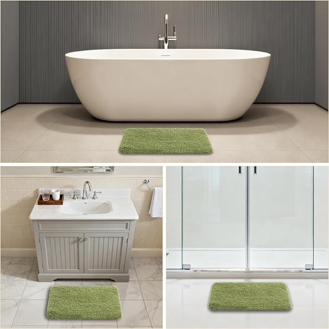 Olive Green Bathroom Rugs 17"x24" - High-Density Microfiber Bath Mat, Fluffy Non Slip Absorbent and Washable Bathroom Mat - Ideal for Small Spaces, Vanity, Toilet, or Pet Mat