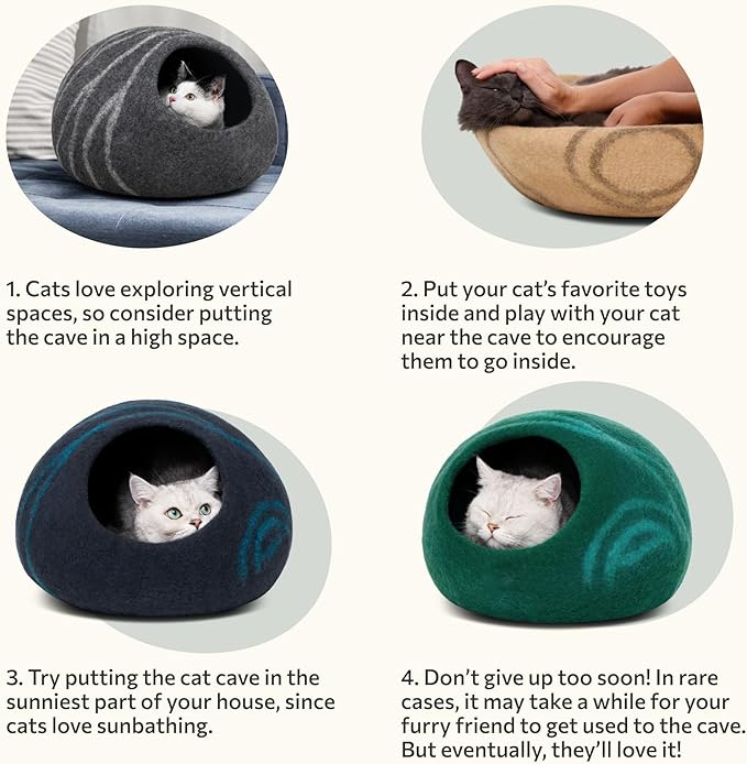 MEOWFIA Cat Cave – Premium Felt Cat Bed for Indoor Cats, Handmade 100% Merino Wool (Aquamarine, Medium)