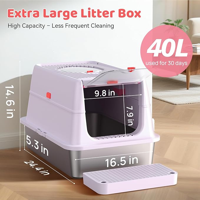 Stainless Steel Cat Litter Box with Lid, 180° Flip Top Kitty Litterbox, XL High Sided Enclosure Litter Pan for Big Cats, Front & Top Entry, Anti-Leakage, Odor-Free, Includes Scoop Mat, Purple