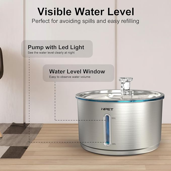 NPET Stainless Steel Cat Water Fountain, 1Gallon/135oz Automatic Pet Drinking Fountain Dog Water Dispenser Bowl with Water Level Window for Cats Indoor - WF210Plus