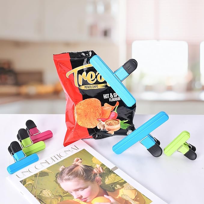 12 PCS Chip Clips Bag Clips Food Clips for Bags Sealing Clip Large Size Food Bag Clips for Food Storage Kitchen and Home(6.1in x4,3.07in x8)