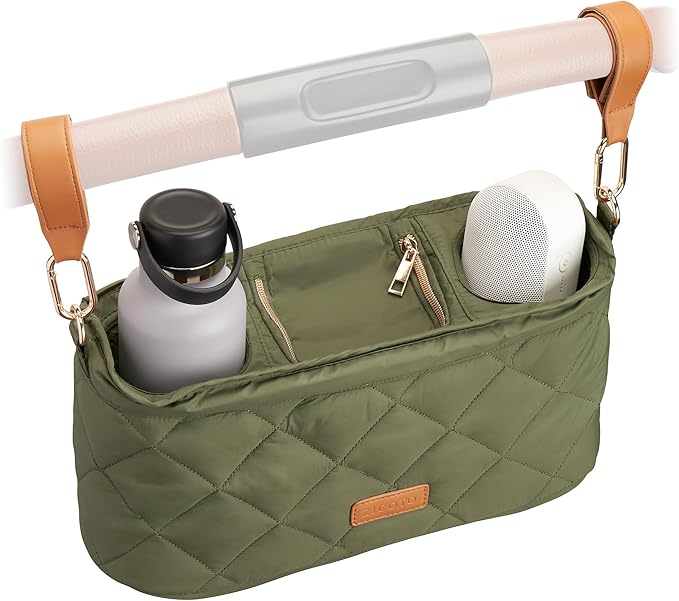 Beautiful Stroller Caddy Organizer With 2 Cup Holders – Luxury Stroller Bag, Universal Fit, Leather Straps & Zipper Pocket – Spacious Accessories Perfectly Fits Doona, Nuna & Uppababy Strollers