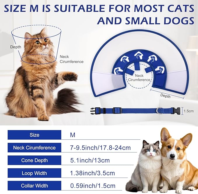 Elizabethan Recovery Cone Collar for Cats and Small Dogs, Adjustable Soft Pet Cone Collar to Stop Licking After Surgery, Comfortable Protective Cat & Puppy Cone (Neck Girth 7.0''–9.5'')