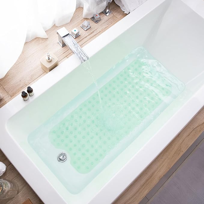 Bathtub Mats for Shower Tub, Extra Long Non-Slip 39 x 16 Inch Bath Mat with Drain Holes and Suction Cups, BathMat for Bathroom with Machine Washable (Clear Green)