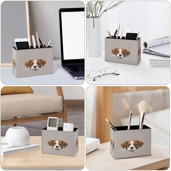 Famame Brown And White Dog Pencil Holder for Desk, Leather Desktop Container Pen Cup Storage Study Table Pen Organizer Makeup Brush Holder for Classroom Office Home