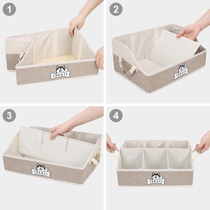 Dog Treat Container Basket for Countertop, Foldable Pet Toy Box for Living Room Area with Handles, Dog Storage Organizer with Removable Dividers for Treat Container, Leashes, Canned food (Brown)