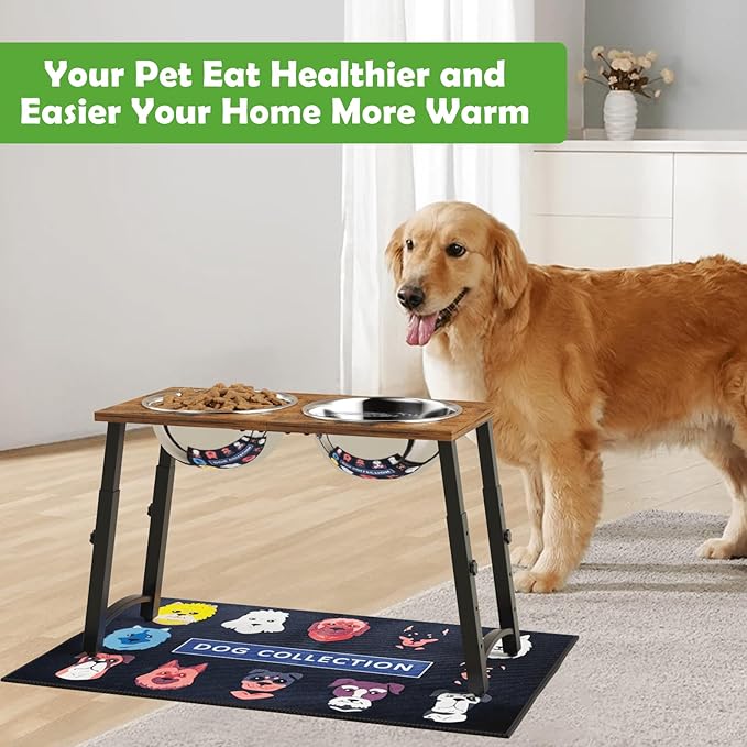 TIDANT Elevated Dog Bowls for Large Extra Large Dogs with Mat, 4 Height Adjustable, 2 Stainless Steel Dog Bowls 3000ml,101oz