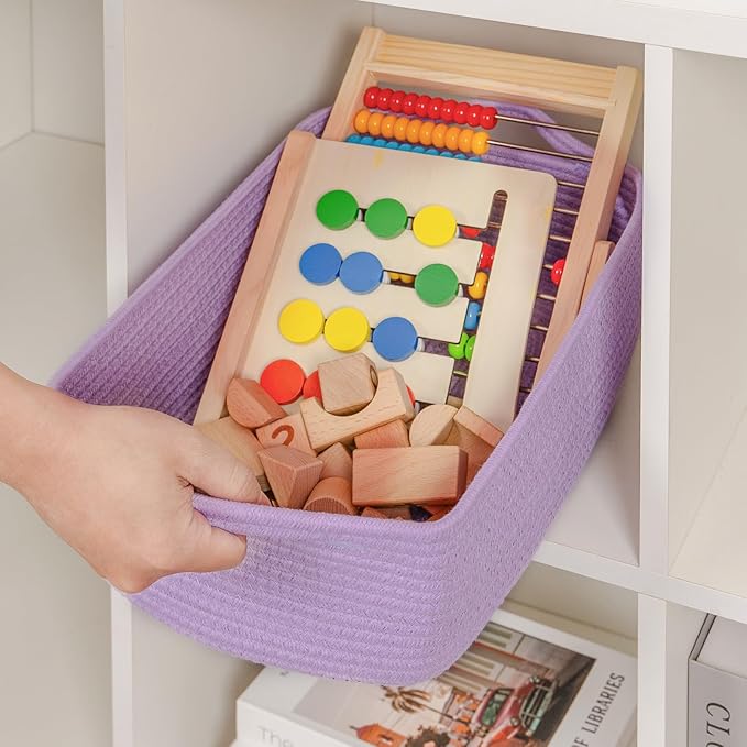CubesLand Cute and Durable Small Cotton Rope Basket for Organizing, Woven Closet Storage Bin,Shelves Closet Storage Basket, Bathroom Storage Organizer Bin, Nursery Toy Basket Bin, Purple Basket