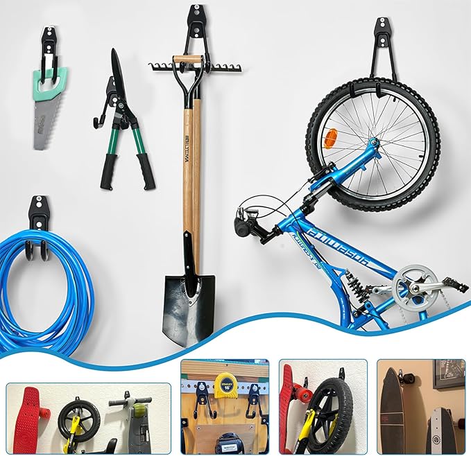 GeeWatom 2 Pack Garage Storage Utility Hooks,Garage Garden Tool Organizer,Steel Wall Mount Hooks, Garden Small U Hooks (Black)