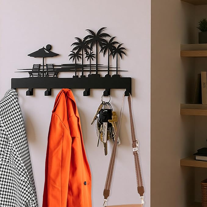 Bench Key Holder for Wall,Setting Sun and Coconut Trees Key Hooks Wall Mount Whith 7 Hooks,Tropical Style Key Hanger Wall Decor for Front Door,Hallway,Entryway,Office