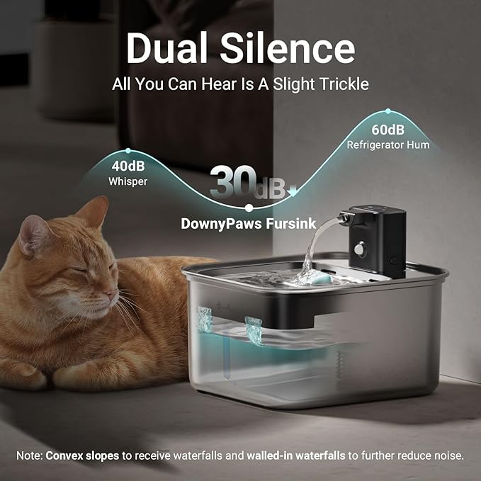 DownyPaws Cat Water Fountain Stainless Steel Wireless, 101 oz/3L FurSink Cordless Cat Water Dispenser for Pets, Battery Operated Dog Drinking Fountain with Motion Sensor, Easy Clean, Metal
