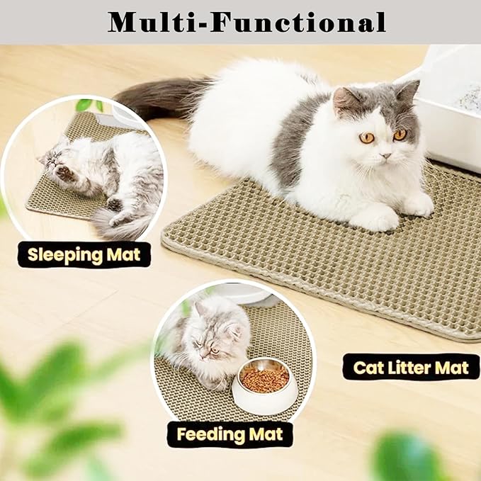 HCY&WLD Cat Litter Mat, Honeycomb Double Layer Cat Litter Trapping Mat, Waterproof Urine Proof Non-Slip, Scatter Control, Less Waste, Easier to Clean (Beige, 24" X 18")