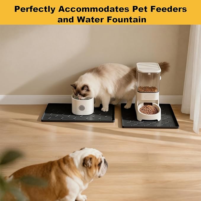Pieviev Dog Cat Food Bowl Mat, Silicone Waterproof Food Grade Pet Food Mat for Floor, High Raised Edge to Prevent Spills, Non-Slip & Easy Clean Pet Placemat for Dog & Cat Bowls, 16''x12'', Black