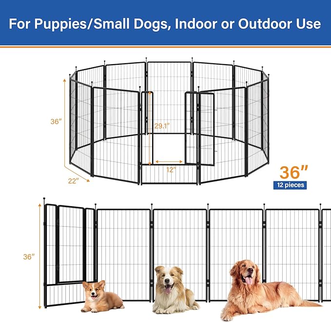 Dog Playpen 36 inch 12 Panels for Indoor & Outdoor Use – Heavy-Duty Metal Pet Fence with Ground Stakes, Rounded Ball Tops for Safety, Stable & Foldable Design, Easy to Assemble
