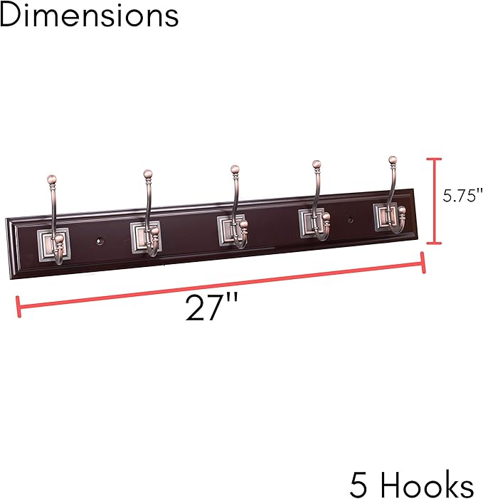 BIRDROCK HOME Classic Hook Coat and Hat Rack | 5 Hooks | Wall Mount | Brown Finish | Bronze Hooks