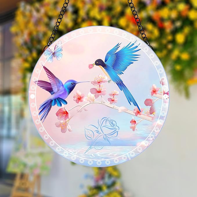 Hummingbird Suncatcher 8 Inch Stained Glass Window Hanging Diamond Chain Hooks – Indoor/Outdoor Window Wall Art Home Décor -Gift for Women Men Valentine's Day Thanksgiving Ornaments Festival Gifts