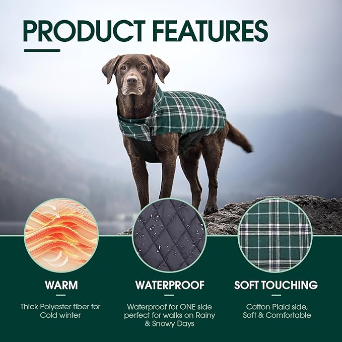 Kuoser Warm Dog Coat, Waterproof Dog Jacket for Extra Large Dogs, Adjustable Durable XXXL Doggie Winter Coat Reversible Puppy Cold Weather Apparel for Large Breed, Green 3XL