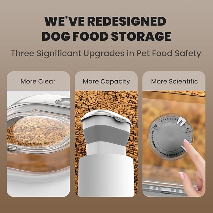 DDMOMMY 32-35 Lbs Dog Food Storage Container,Collapsible Dog Food Container with Transparent Airtight Lid,Wheels,Date Track,Pet Food Storage Container for Rice,Flour,Sugar,Scoop And 2PCS Containers